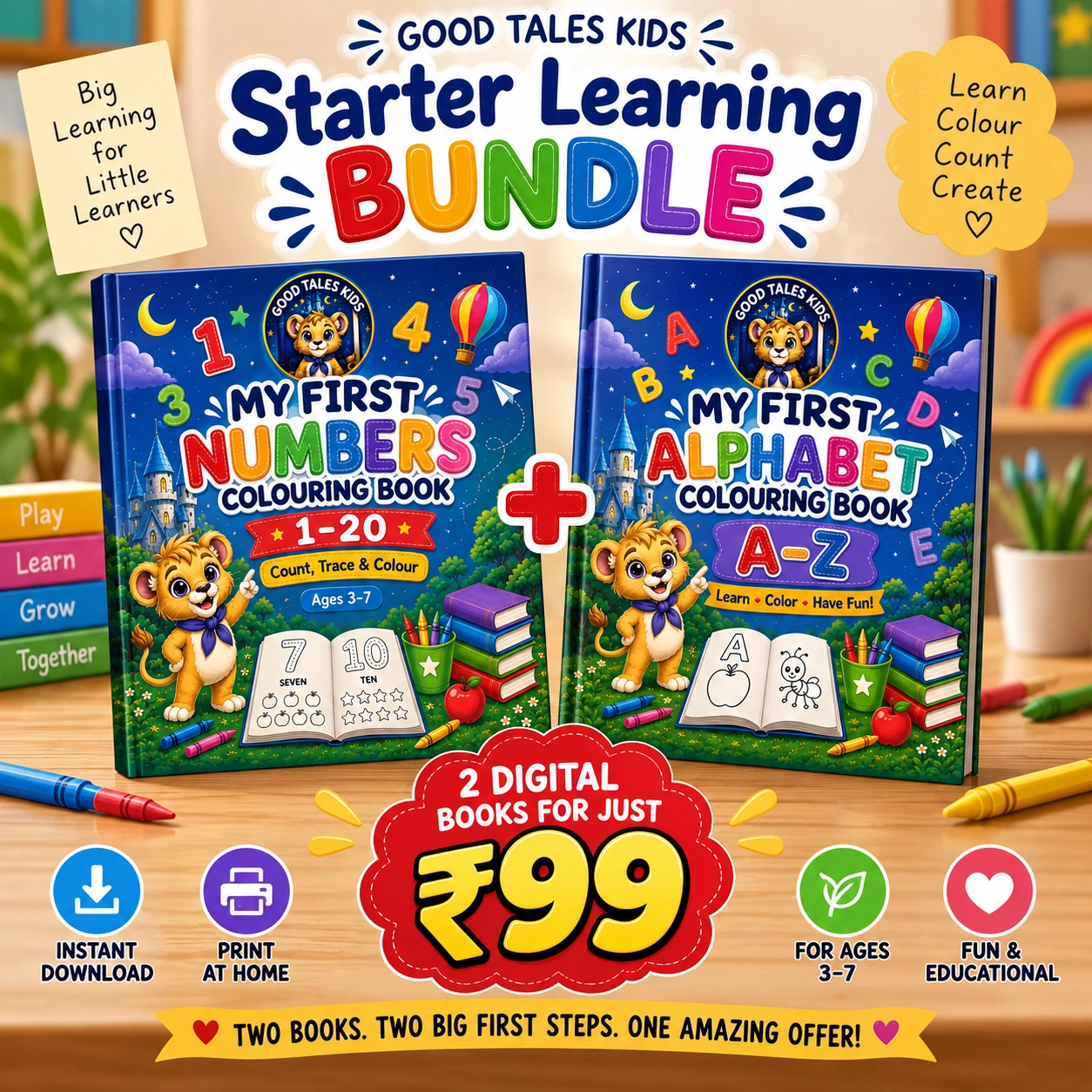 Good Tales Kids Starter Learning Bundle, 2 digital colouring books for kids ages 3–7, Alphabet A–Z and Numbers 1–20 for ₹99